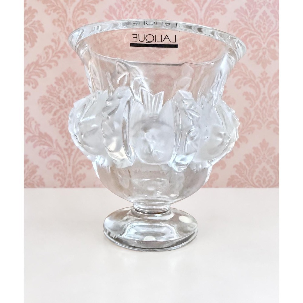 Lalique France Dampierre Crystal Vase 12230 Signed Etched Frosted Birds MINT